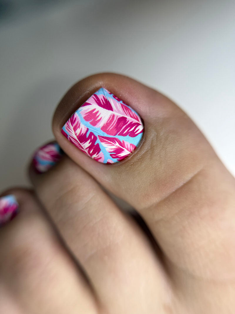 Pedicure Leaves pink background blue. Nail wrap WR-770