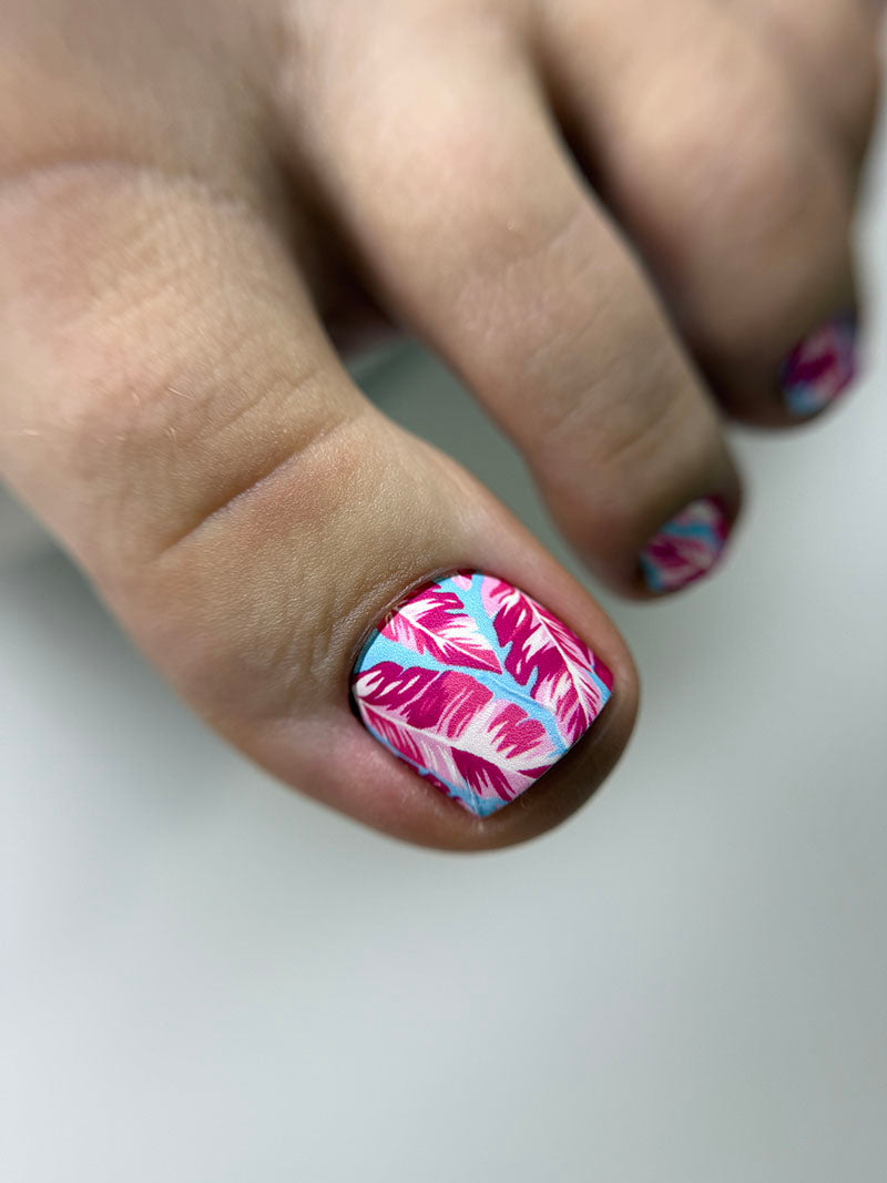 Pedicure Leaves pink background blue. Nail wrap WR-770