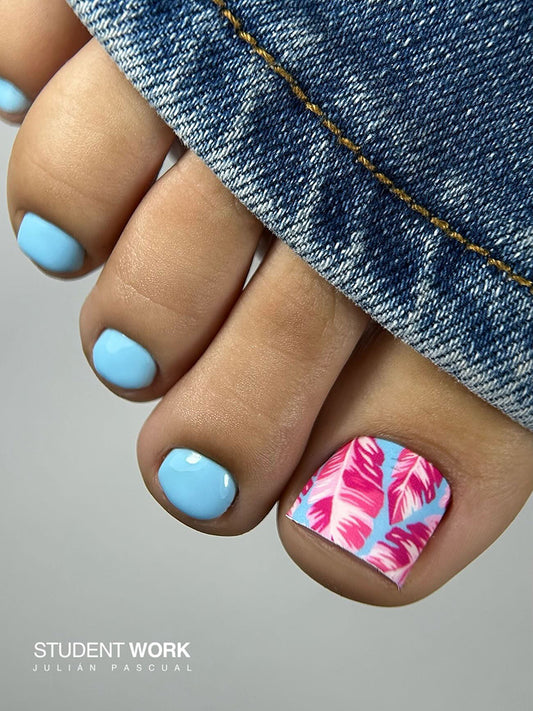 Pedicure Leaves pink background blue. Nail wrap WR-770