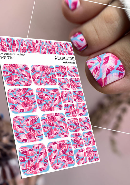 Pedicure Leaves pink background blue. Nail wrap WR-770