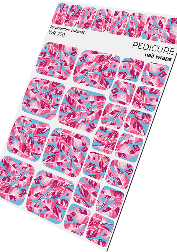 Pedicure Leaves pink background blue. Nail wrap WR-770