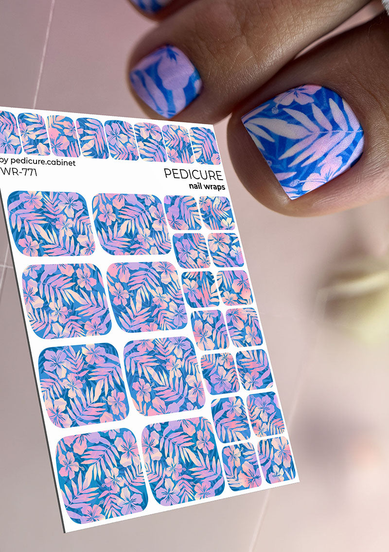 Pedicure Flowers blue background with shadow. Nail wrap WR-771