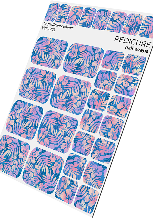 Pedicure Flowers blue background with shadow. Nail wrap WR-771