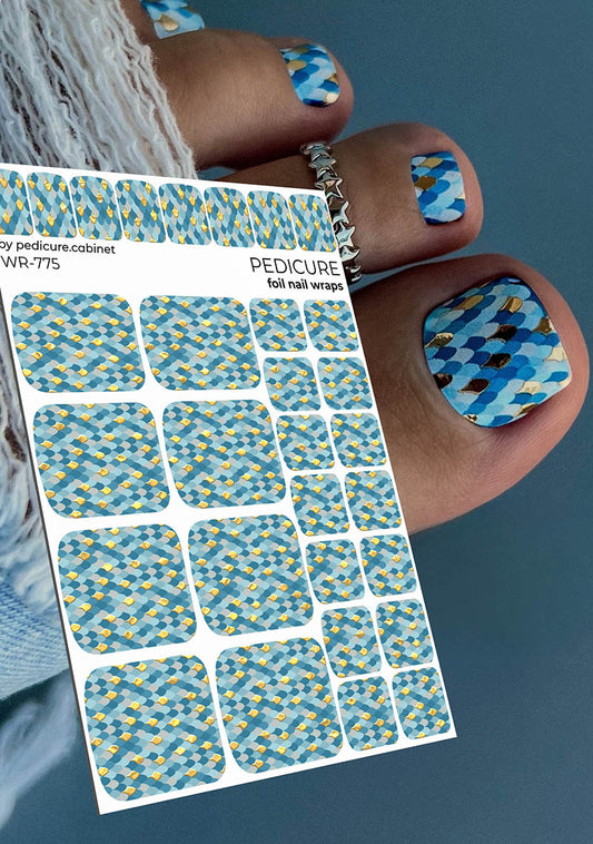 Pedicure Python blue. Foil gold. Nail wrap WR-775