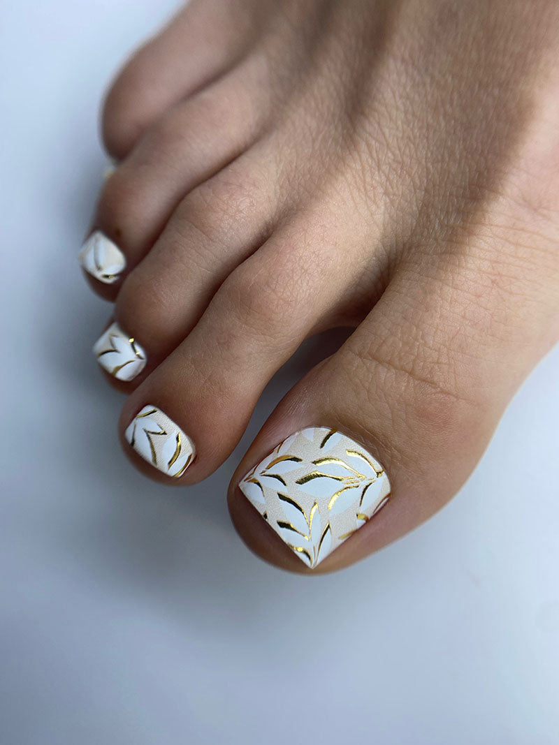 Pedicure White Branches Shadow. Gold Foil. Nail wrap WR-788