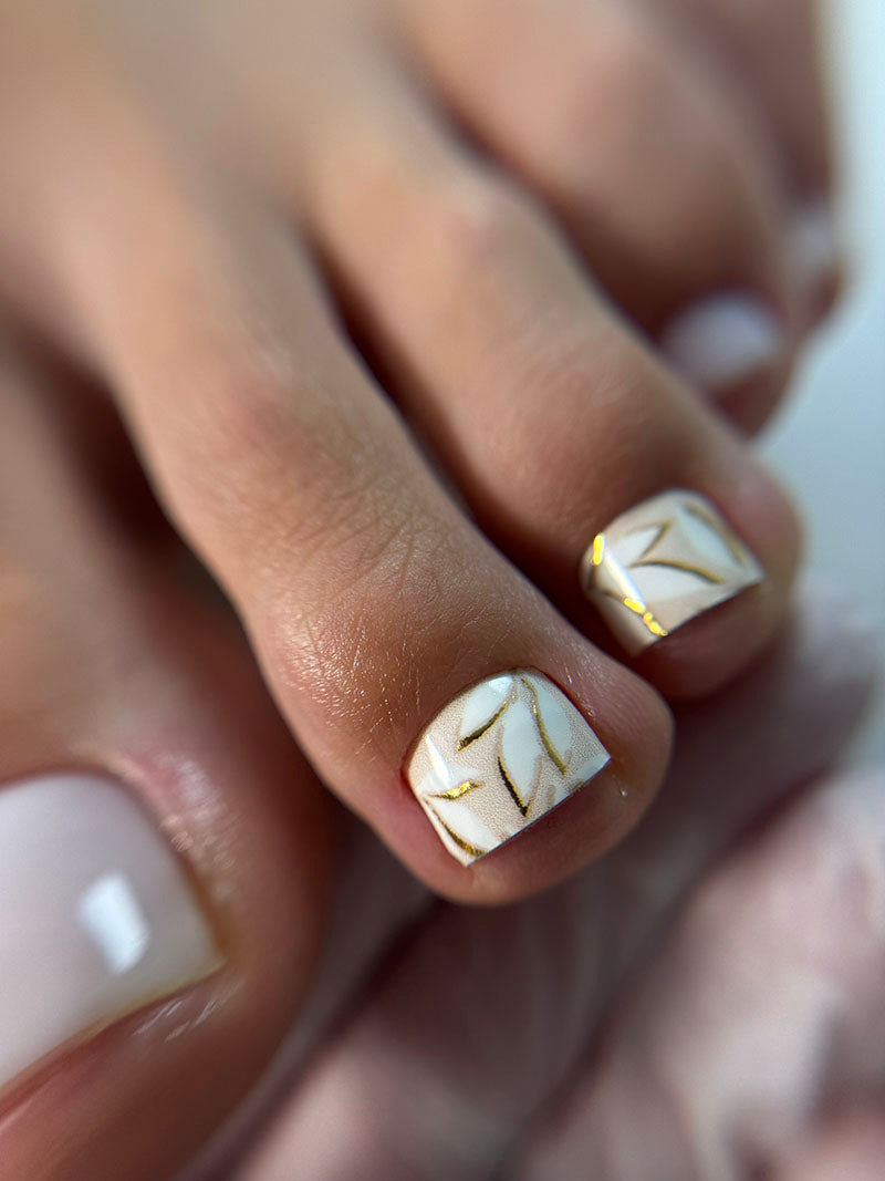 Pedicure White Branches Shadow. Gold Foil. Nail wrap WR-788