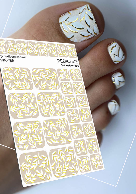 Pedicure White Branches Shadow. Gold Foil. Nail wrap WR-788