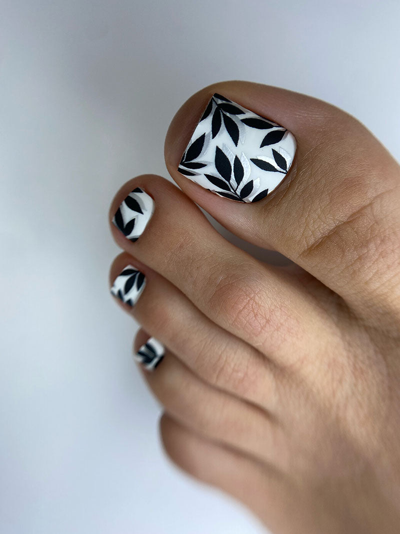 Pedicure Black Branches Shadow. Silver Foil. Nail wrap WR-789