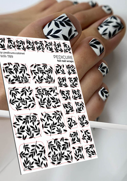 Pedicure Black Branches Shadow. Silver Foil. Nail wrap WR-789