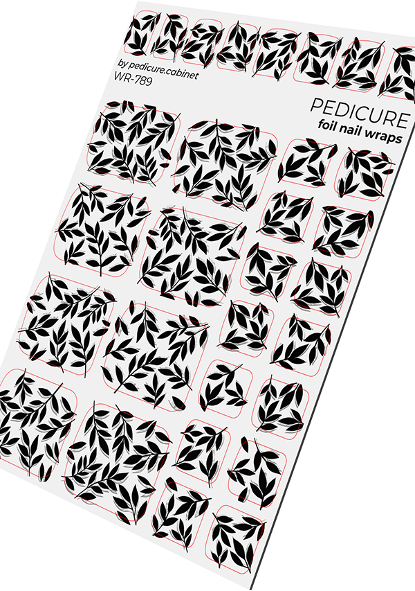 Pedicure Black Branches Shadow. Silver Foil. Nail wrap WR-789