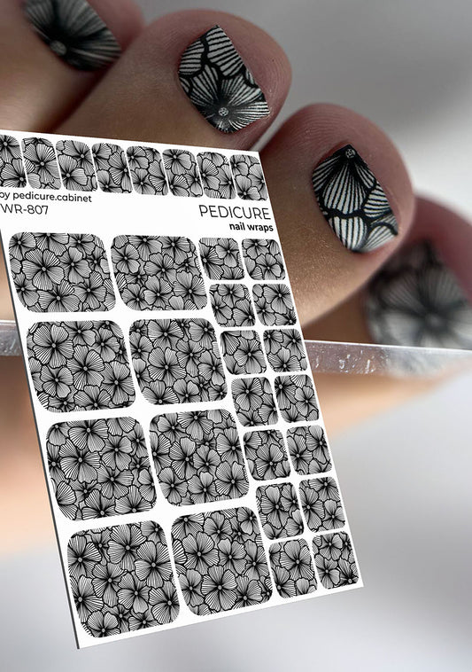 Pedicure Flowers. Black and white. Nail wrap WR-807