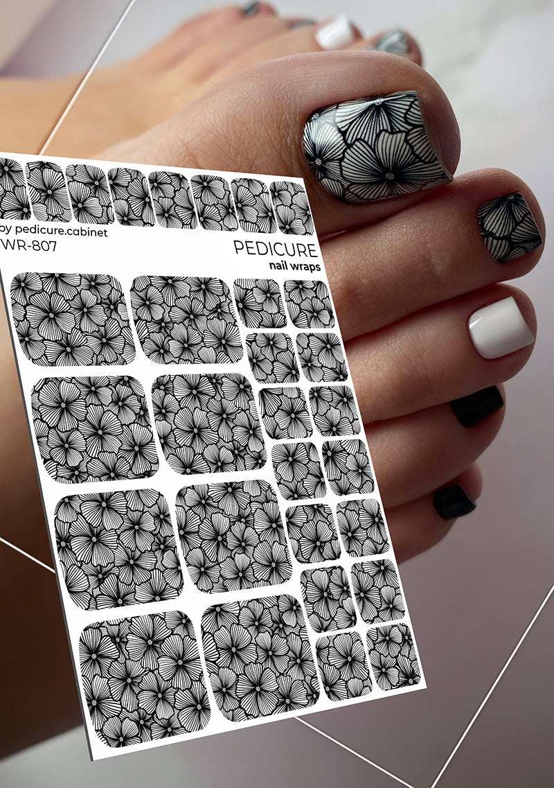 Pedicure Flowers. Black and white. Nail wrap WR-807