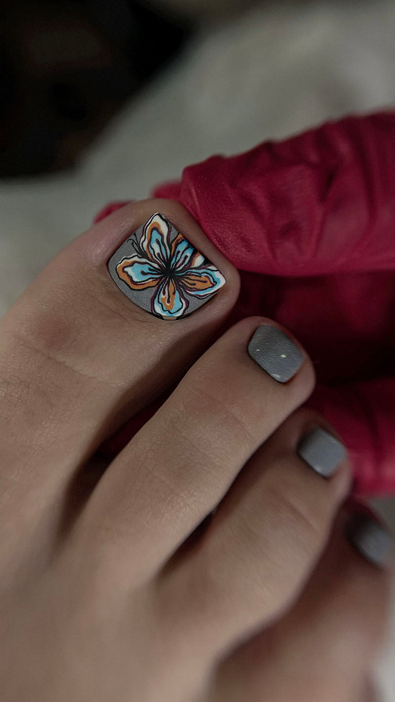 Pedicure Flowers. Gray background. Nail wrap WR-848