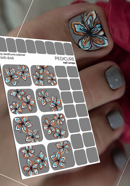 Pedicure Flowers. Gray background. Nail wrap WR-848