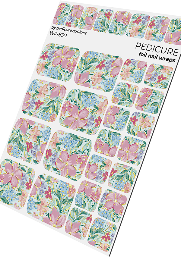 Pedicure Flowers. Watercolor. Foil gold. Nail wrap WR-850