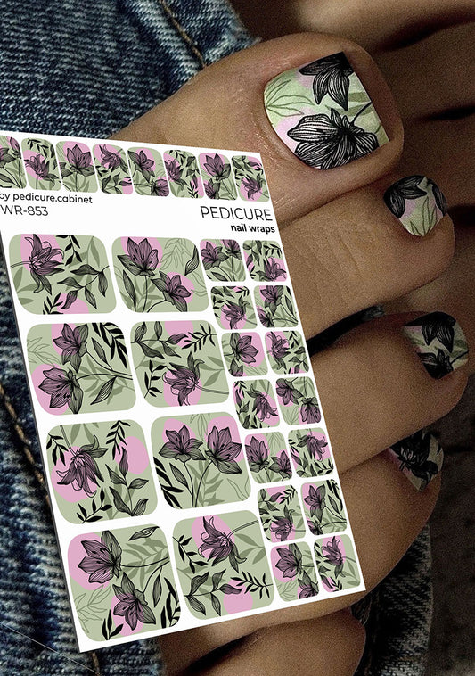 Pedicure Black flowers. Khaki and pink background. Nail wrap WR-853