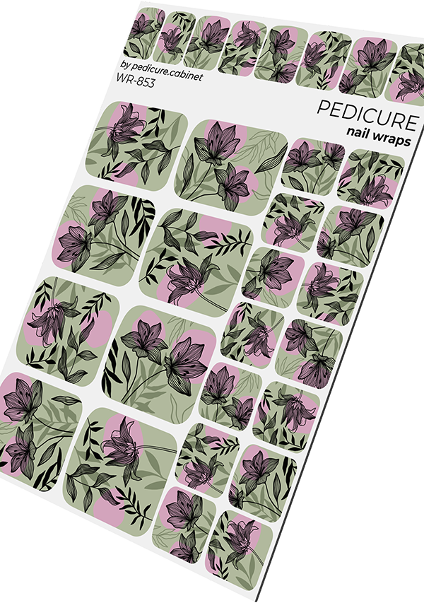 Pedicure Black flowers. Khaki and pink background. Nail wrap WR-853