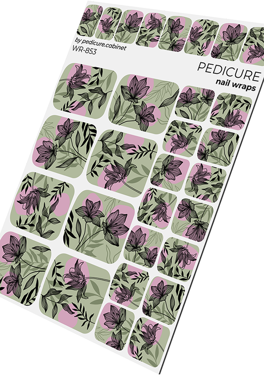 Pedicure Black flowers. Khaki and pink background. Nail wrap WR-853