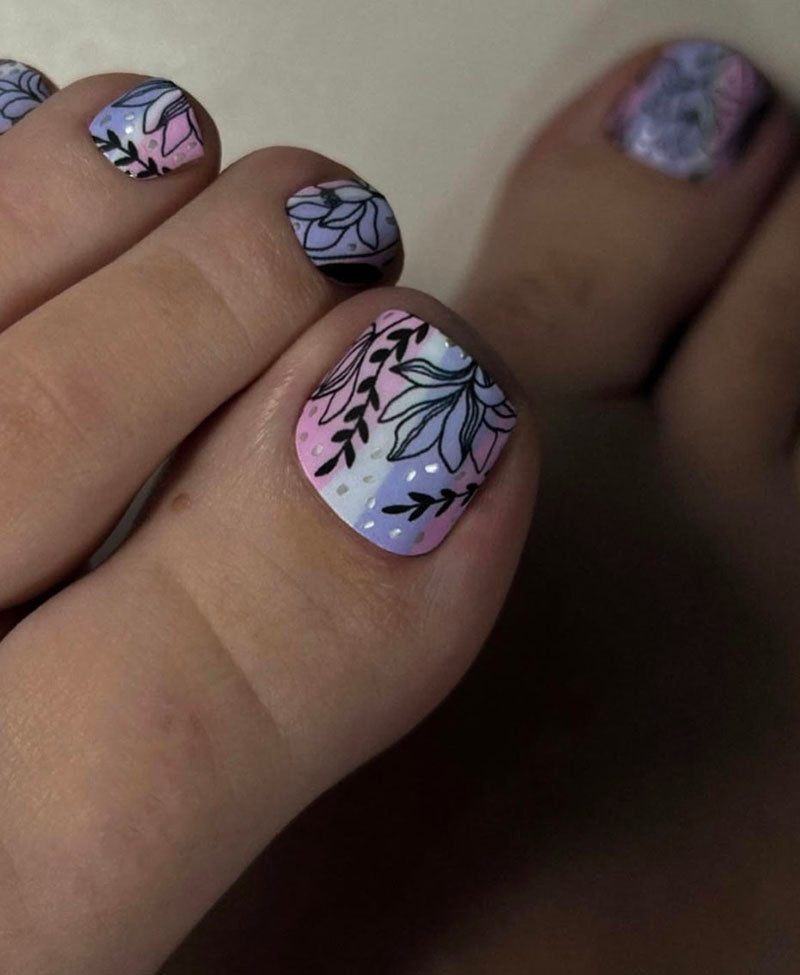 Pedicure Black flowers. Pink lilac. Foil silver. Nail wrap WR-854