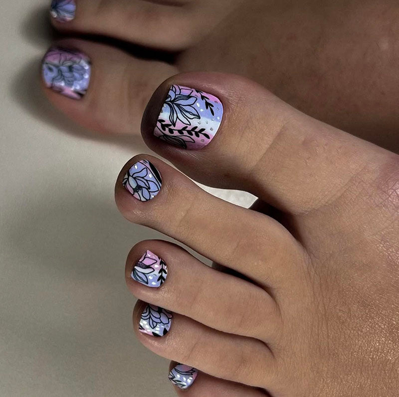 Pedicure Black flowers. Pink lilac. Foil silver. Nail wrap WR-854