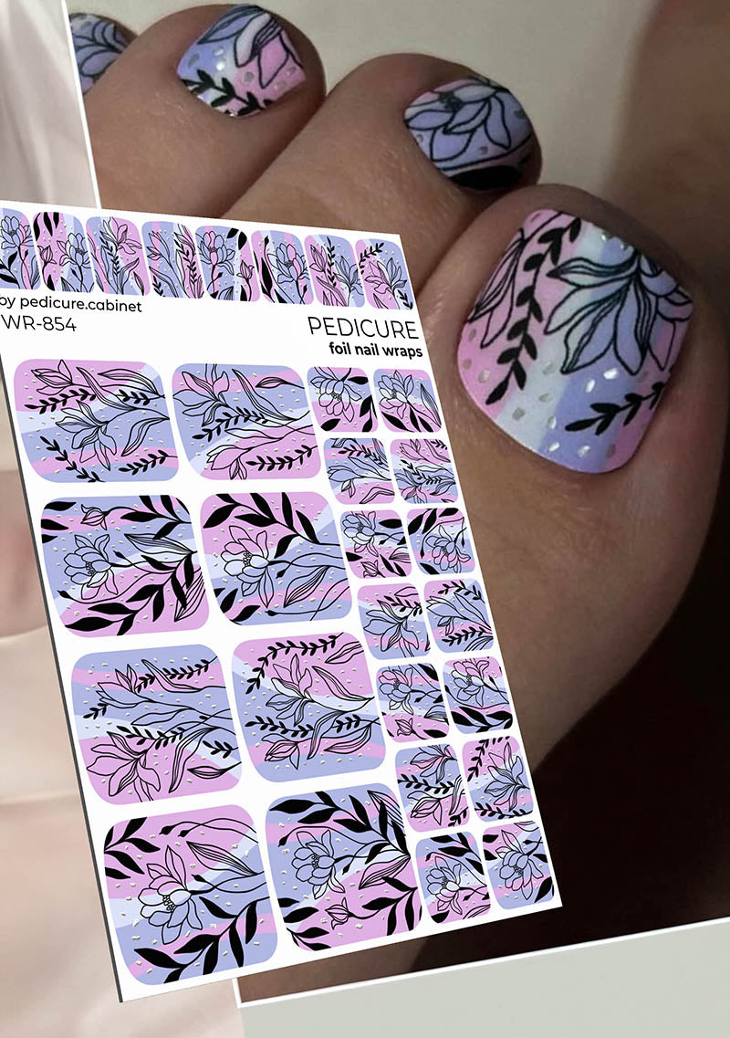 Pedicure Black flowers. Pink lilac. Foil silver. Nail wrap WR-854