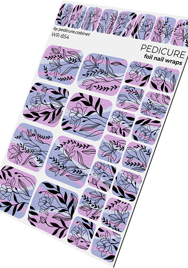 Pedicure Black flowers. Pink lilac. Foil silver. Nail wrap WR-854