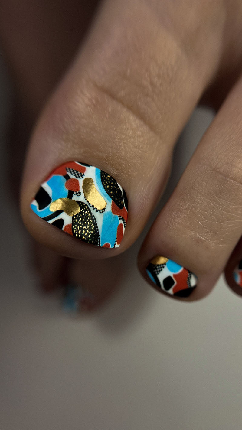 Pedicure Abstraction. Black orange blue. Foil gold. Nail wrap WR-863