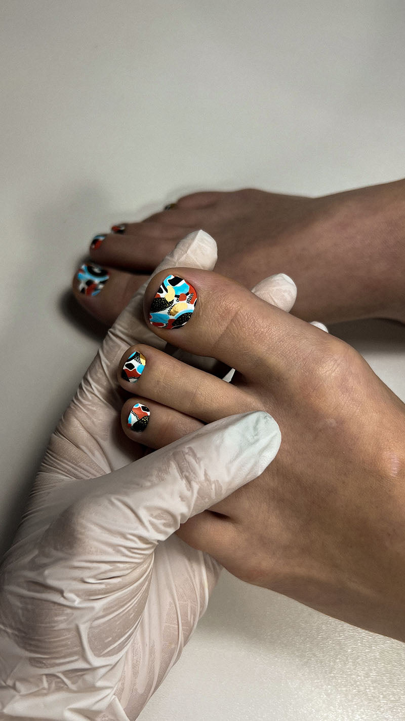 Pedicure Abstraction. Black orange blue. Foil gold. Nail wrap WR-863