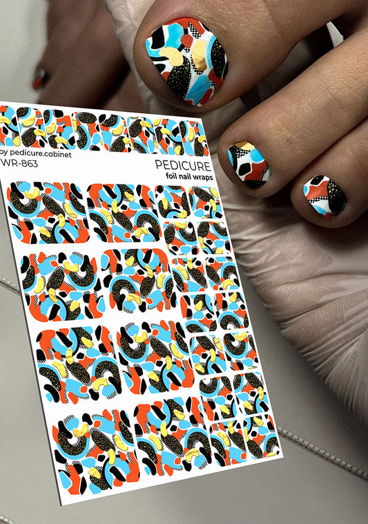 Pedicure Abstraction. Black orange blue. Foil gold. Nail wrap WR-863