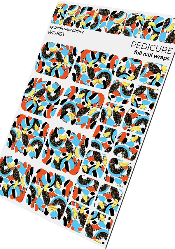 Pedicure Abstraction. Black orange blue. Foil gold. Nail wrap WR-863