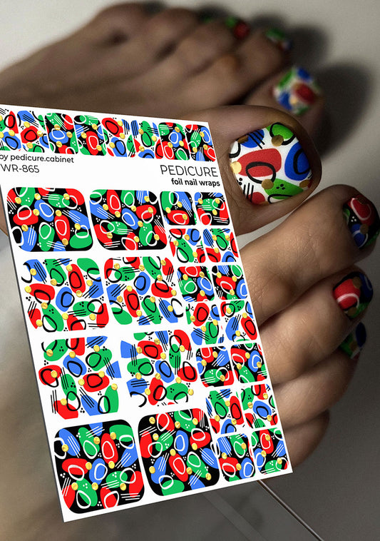 Pedicure Green red blue. Two backgrounds. Foil gold circles. Nail wrap WR-865