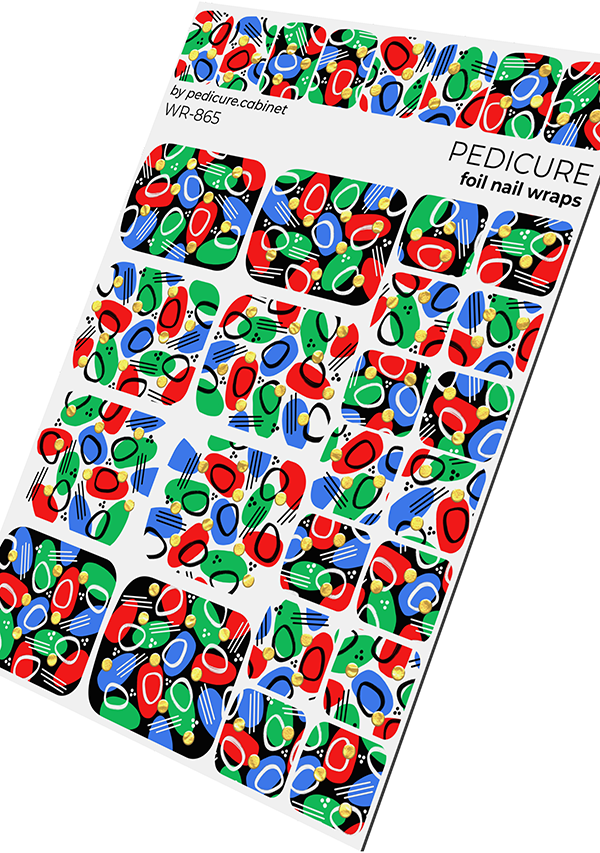 Pedicure Green red blue. Two backgrounds. Foil gold circles. Nail wrap WR-865