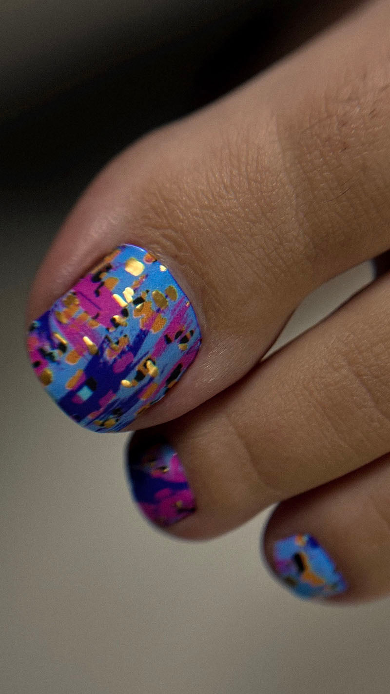 Pedicure Abstraction. Purple pink and orange. Foil gold. Nail wrap WR-867