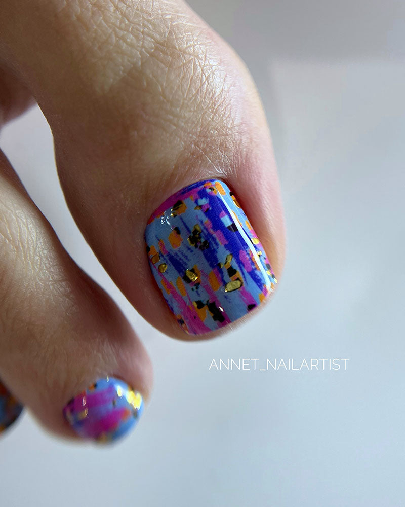 Pedicure Abstraction. Purple pink and orange. Foil gold. Nail wrap WR-867