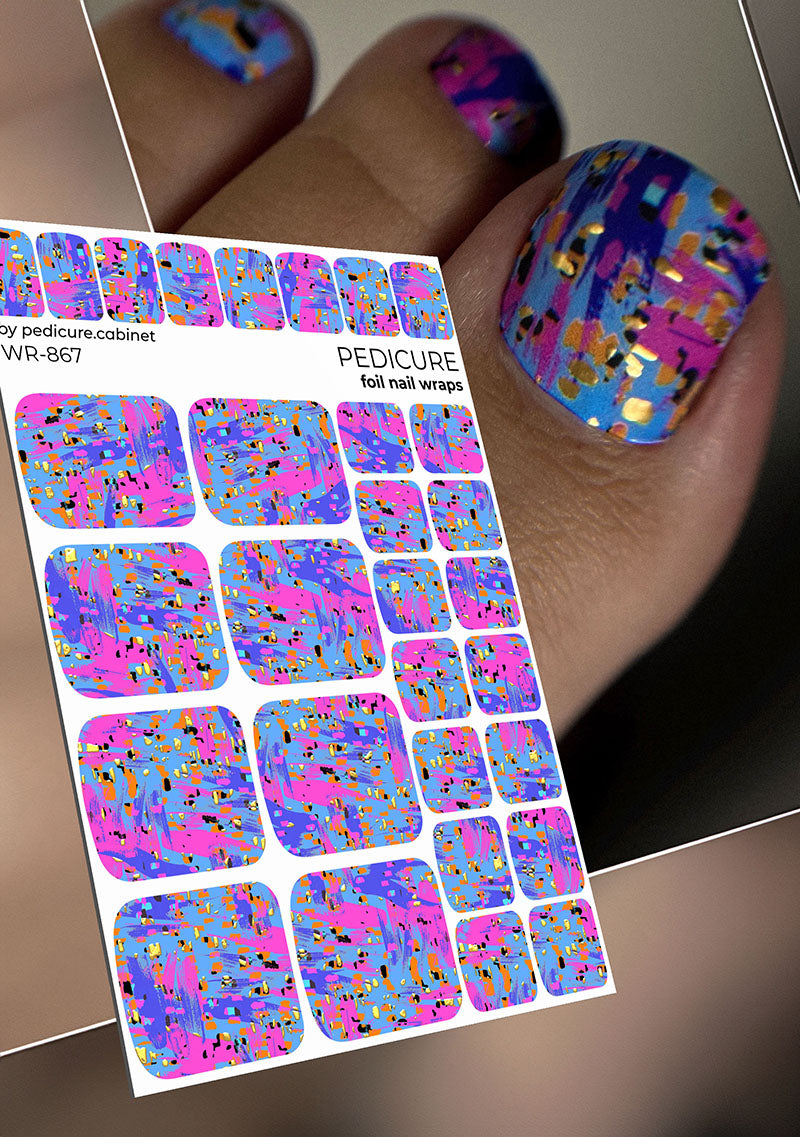 Pedicure Abstraction. Purple pink and orange. Foil gold. Nail wrap WR-867