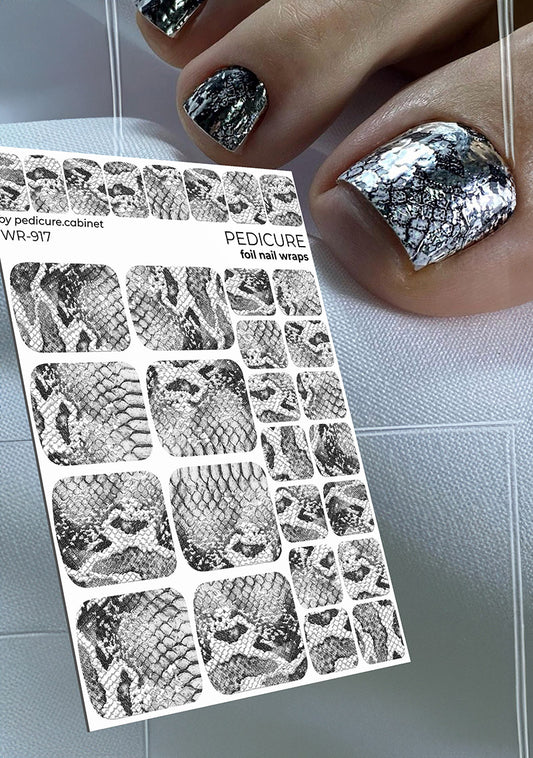 Pedicure Python. Grey. Foil silver. Nail wrap WR-917