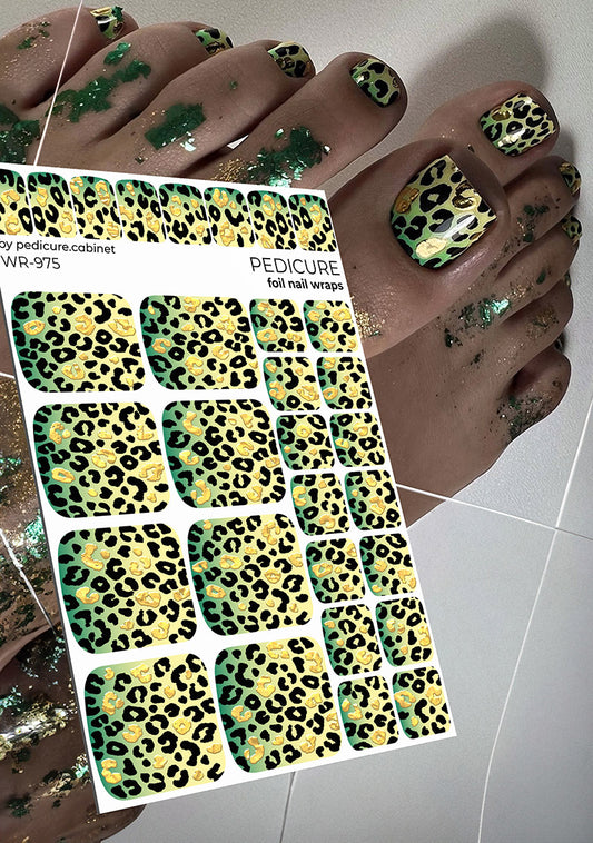 Pedicure Leo gradient. Green yellow. Foil gold. Nail wrap WR-975