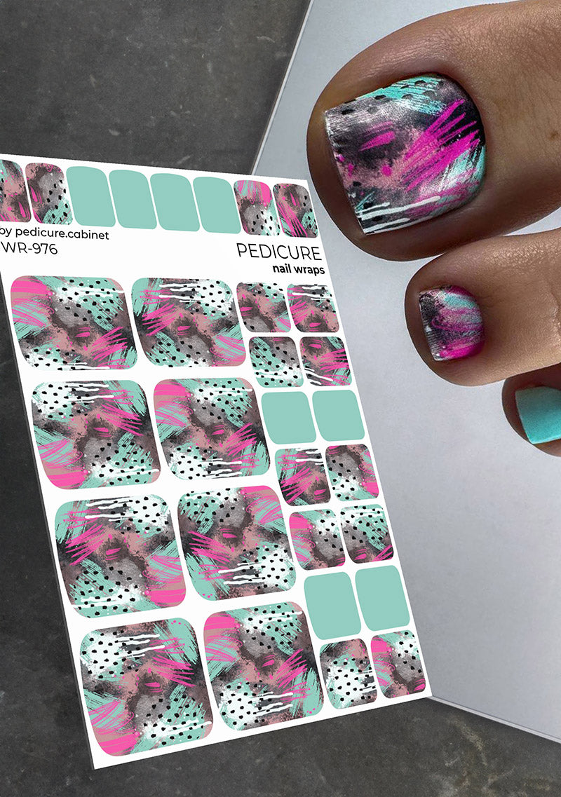 Pedicure Abstraction. Pink mint with black. Nail wrap WR-976