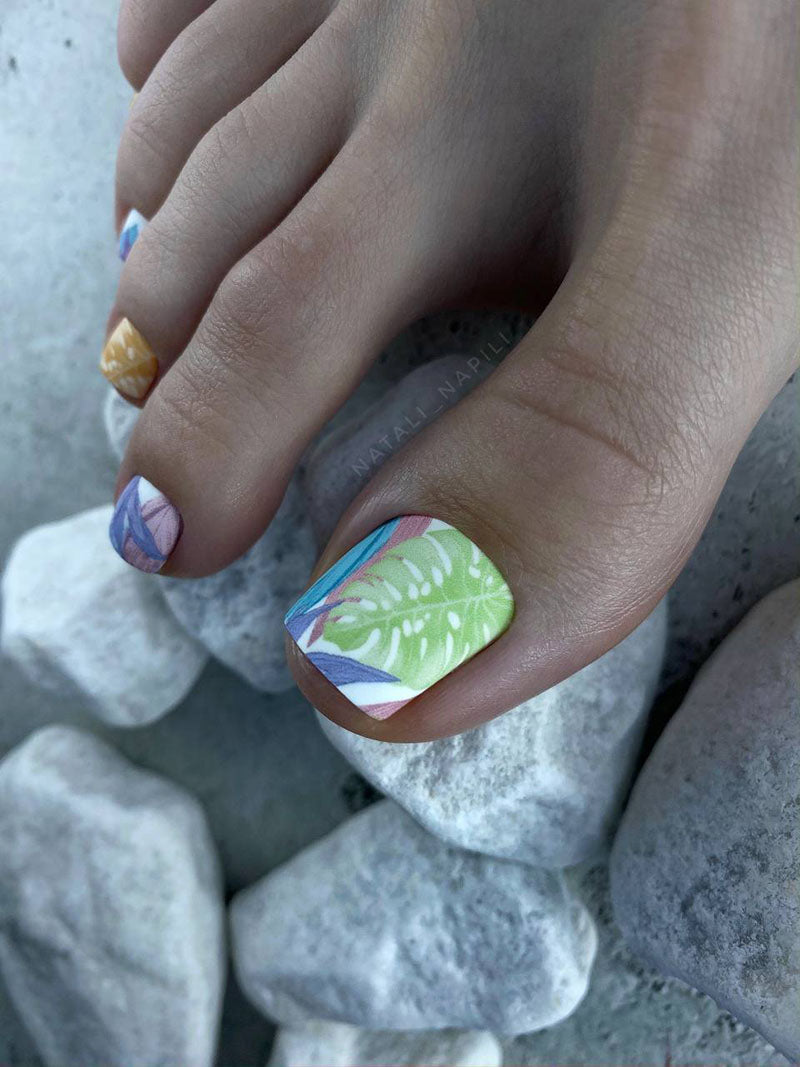 Pedicure Large leaves. Pastel. Nail wrap WR-977