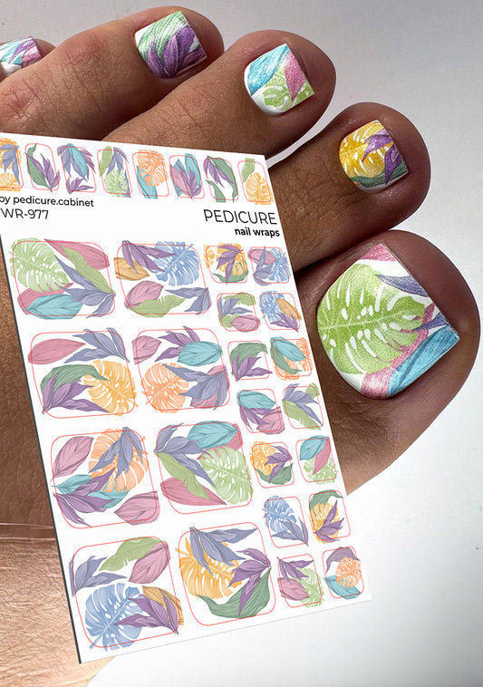 Pedicure Large leaves. Pastel. Nail wrap WR-977