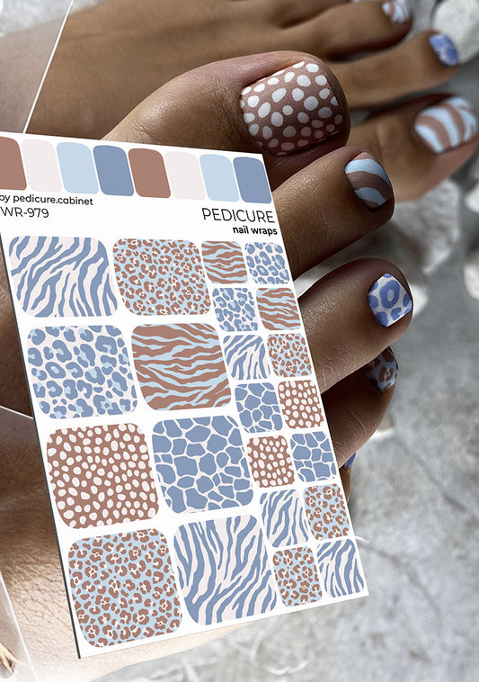 Pedicure Mix animal. Blue brown. Nail wrap WR-979