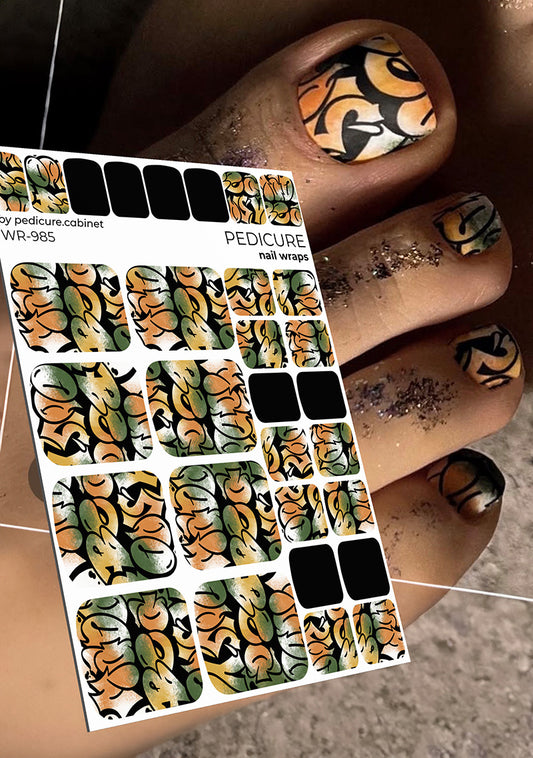 Pedicure Graffiti. Khaki orange. Nail wrap WR-985