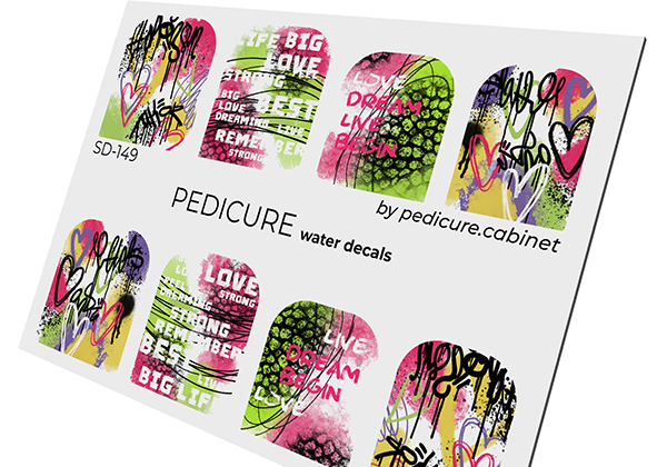 Pedicure Hearts and graffiti words. Large. Nail water decals SD-149