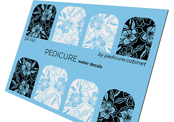 Pedicure Flowers black and white. Large. Nail water decals SR-145