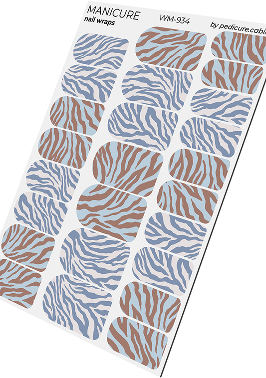 Manicure Mix animal. Blue brown Zebra. Nail wrap WM-934