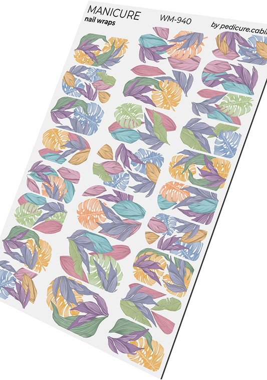 Manicure Large leaves. Pastel. Nail wrap WM-940