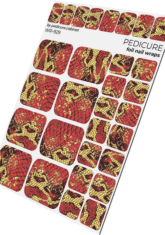 Pedicure Python. Red. Foil gold. Nail wrap WR-929