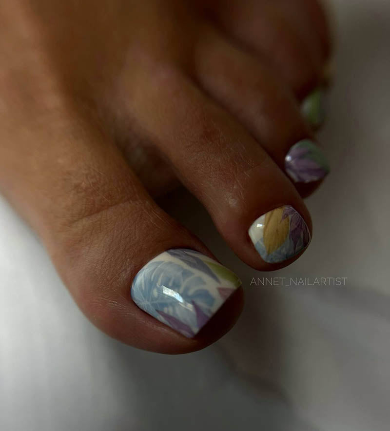 Pedicure Large leaves. Pastel. Nail wrap WR-977