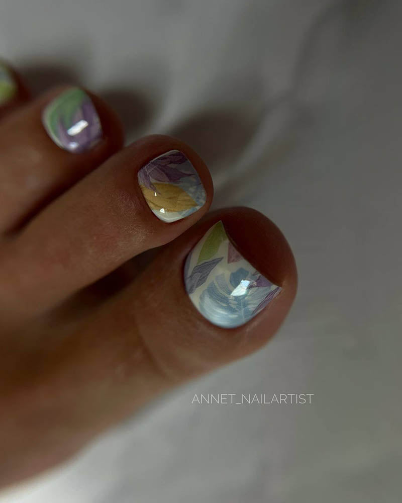 Pedicure Large leaves. Pastel. Nail wrap WR-977