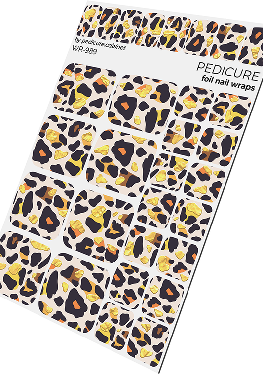 Pedicure Leo large. Brown orange yellow. Foil gold. Nail wrap WR-989